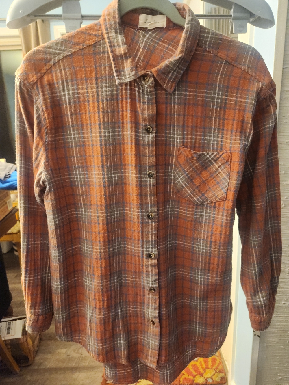 Love Notes Orange Plaid Button-Down Shirt with Gray Accents